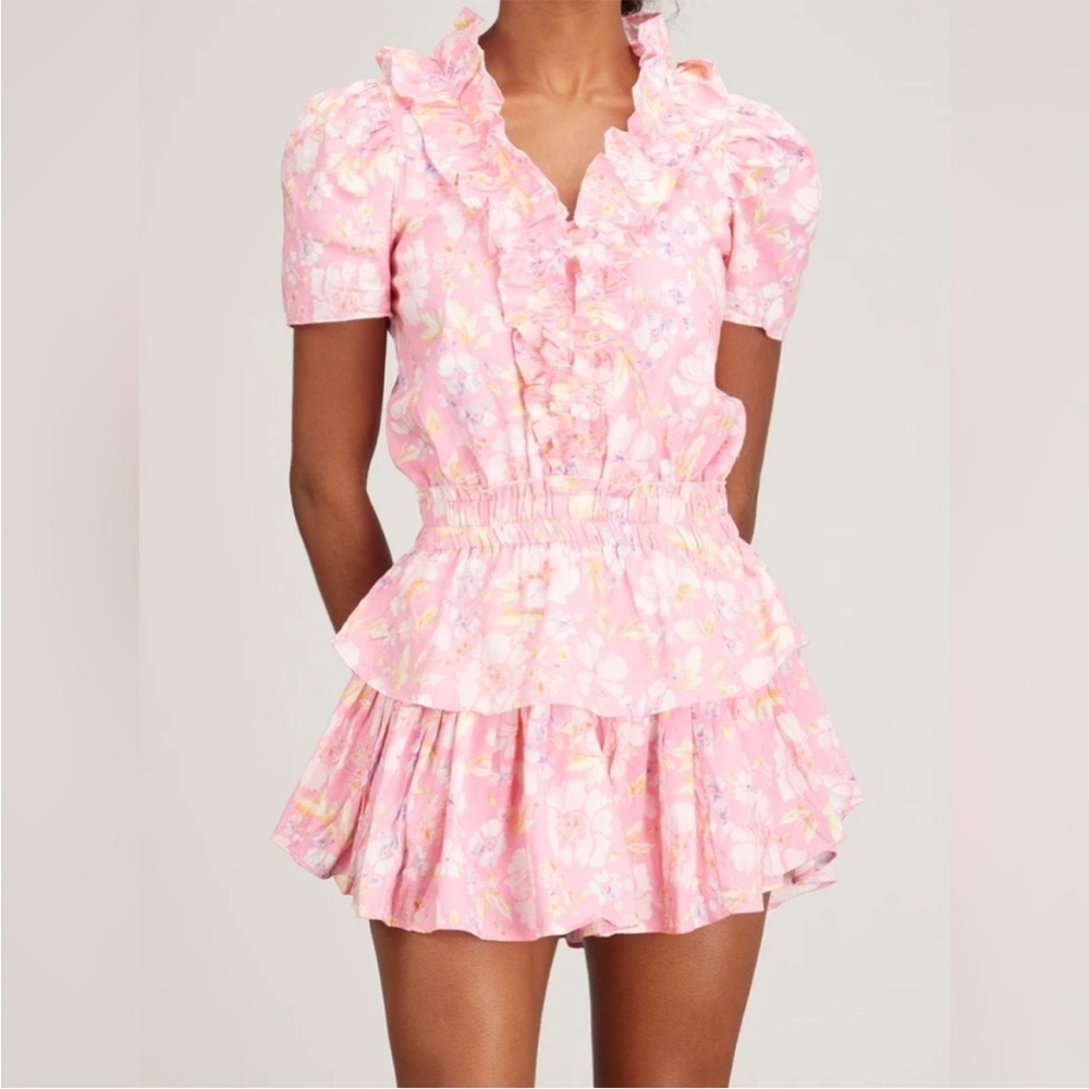 LoveShackFancy | Women's Ellis Floral V-Neck Tiered Mini Dress Size Small